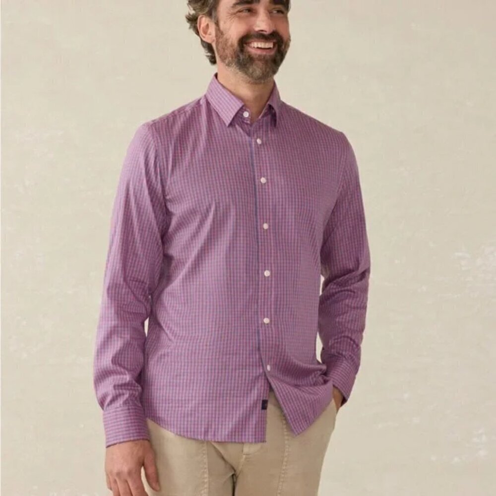 Faherty Men's Movement™ Shirt - Blue Rose Gingham Plaid size S  preppy work chic
